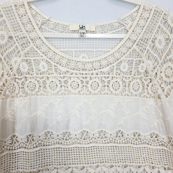 Ya Los Angles Crochet Top High Low 3/4 Sleeve‎ Women S / M Beige Boho Beachy - Picture 10 of 12